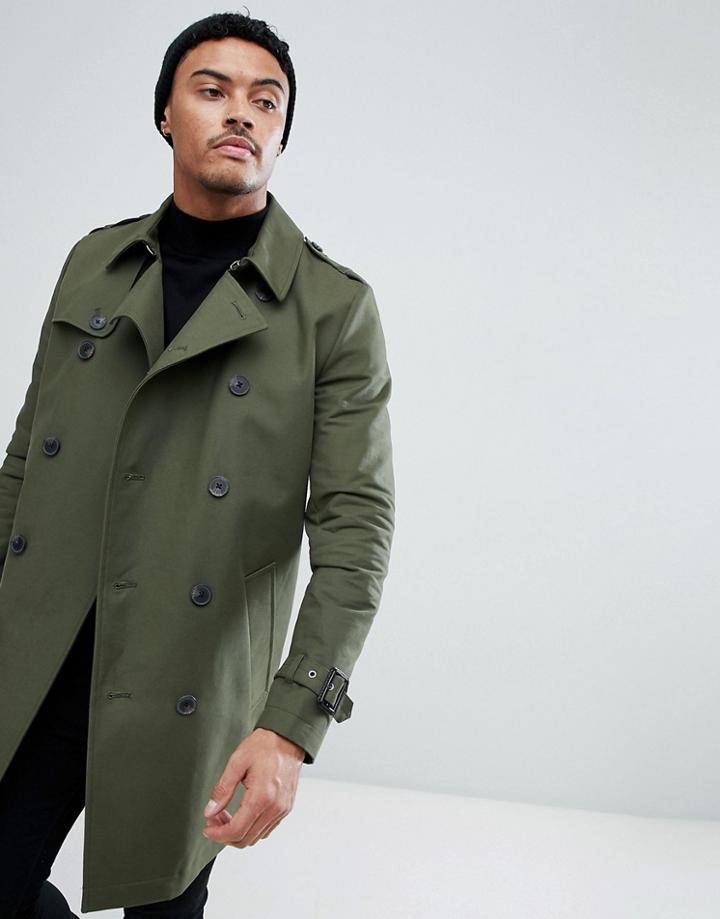 Asos Design Shower Resistant Double Breasted Trench In Khaki - Green