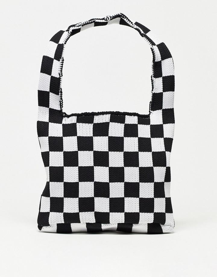 Asos Design Mini Knitted Tote Bag In Black And White Check-multi