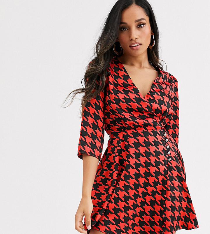 River Island Petite Mini Wrap Dress In Red Houndstooth-multi