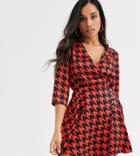 River Island Petite Mini Wrap Dress In Red Houndstooth-multi