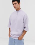 Asos Design Oversized Short Sleeve Sweatshirt With Zip Neck In Purple - Purple