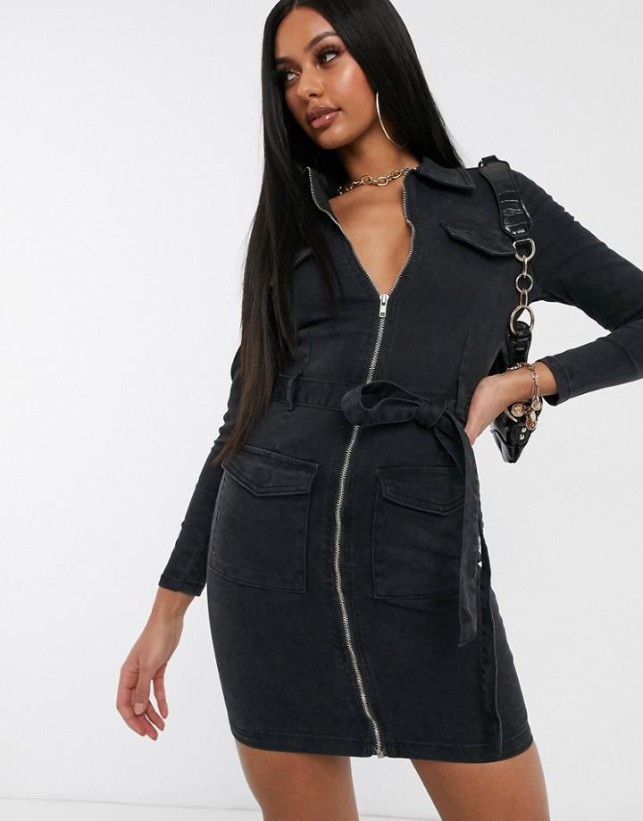Parisian Tie Waist Utility Dress In Charcoal-grey