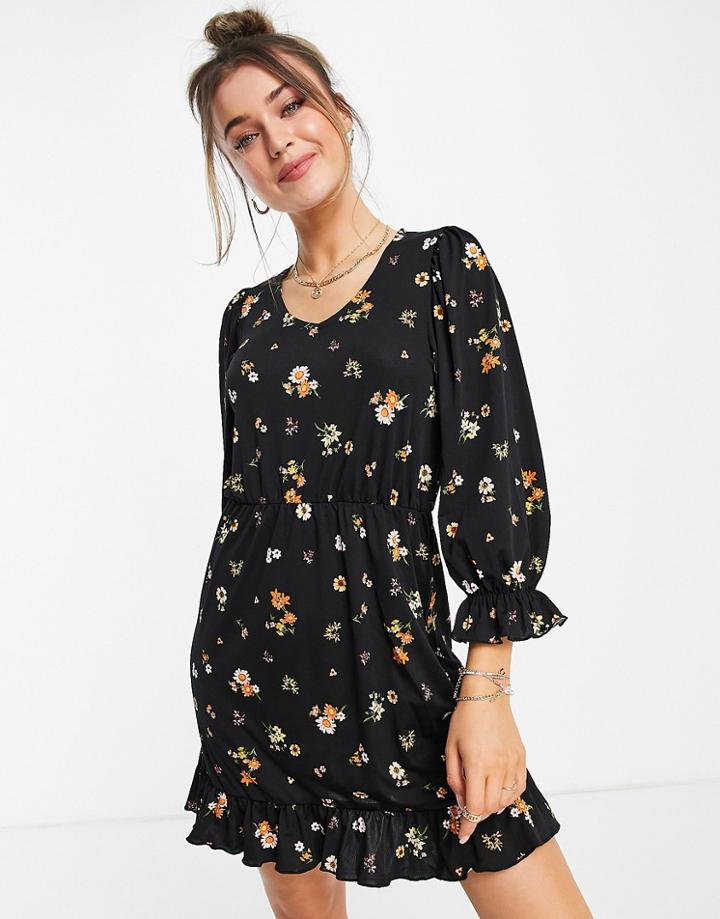 Pieces Caira 3/4 Sleeve Ruffle Detail Mini Dress In Black Floral Print-multi