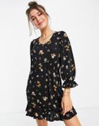 Pieces Caira 3/4 Sleeve Ruffle Detail Mini Dress In Black Floral Print-multi