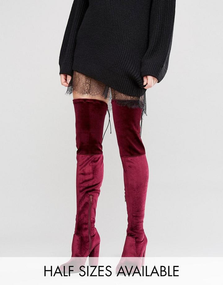 Asos Kingdom Velvet Heeled Over The Knee Boots - Red