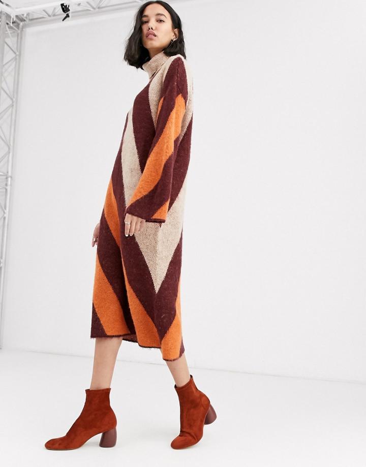 Native Youth High Neck Sweater Dress In Contrast Stripe Knit-tan