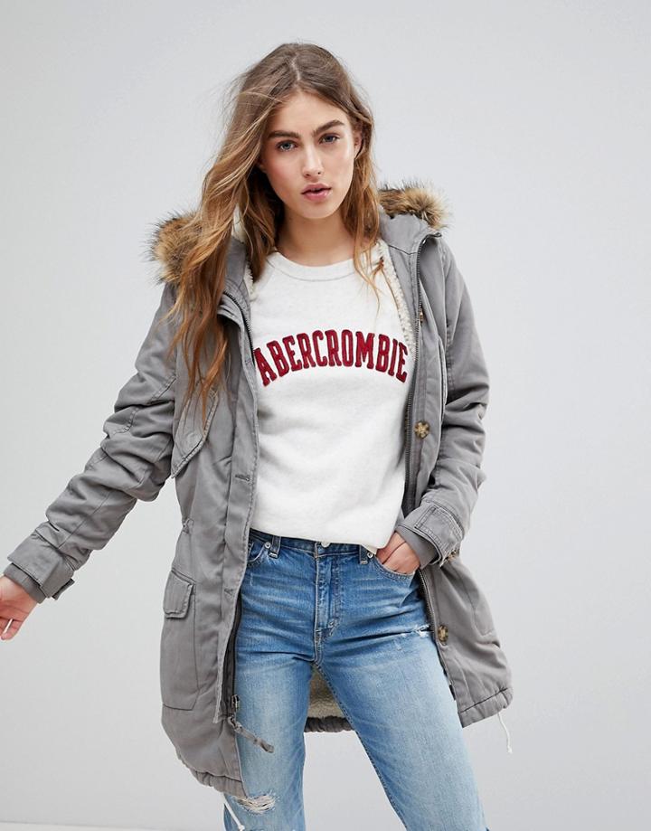 Abercrombie & Fitch Twill Faux Fur Lined Parka - Gray