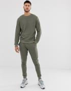 Asos Design Ribbed Tracksuit Sweatshirt / Skinny Sweatpants In Khaki - Green