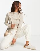 River Island Brushed Rib High Neck Long Sleeved Top In Beige-neutral