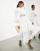 Asos Edition Eyelet Midi Dress With Ruffle Detail In White