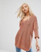 Noisy May Deep V-neck Oversize Sweater - Brown