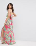 Prettylittlething Tropical Print Bardot Maxi Dress - Pink