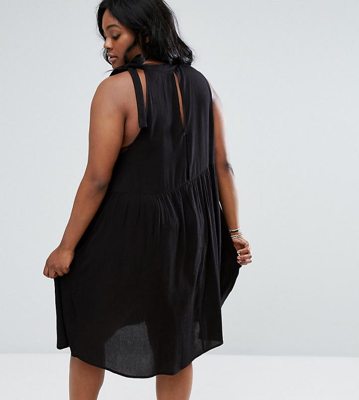 Asos Curve Swing Midi Sundress With Neck Tie & Open Back - Black