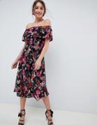 Asos Design Bardot Midi Dress In Dark Based Floral - Multi