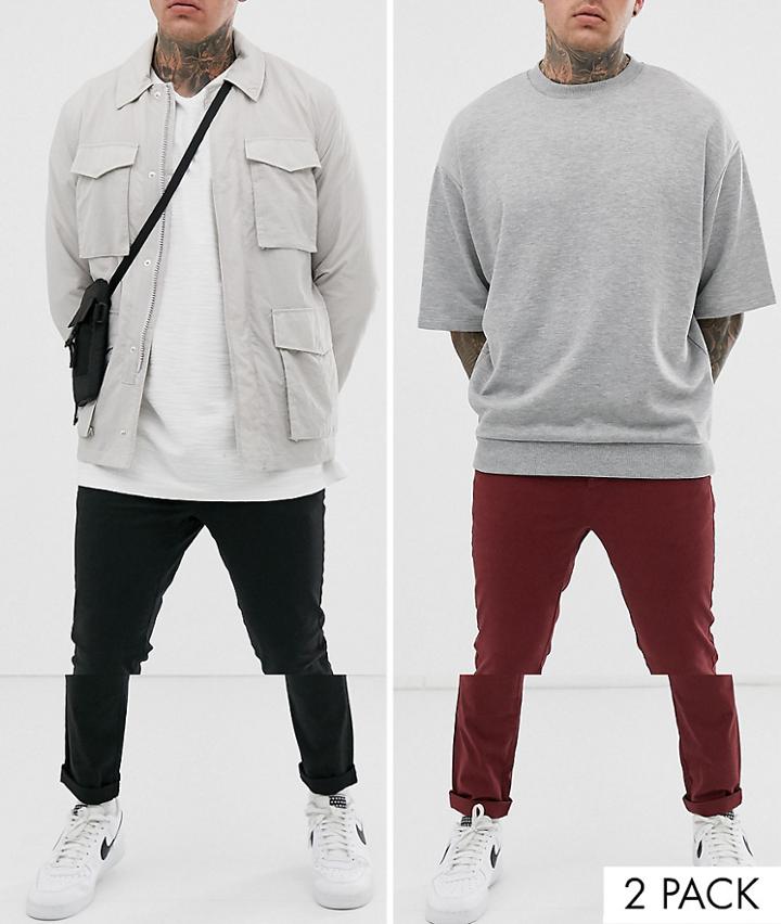 Asos Design 2 Pack Super Skinny Chinos In Burgundy & Black Save-multi
