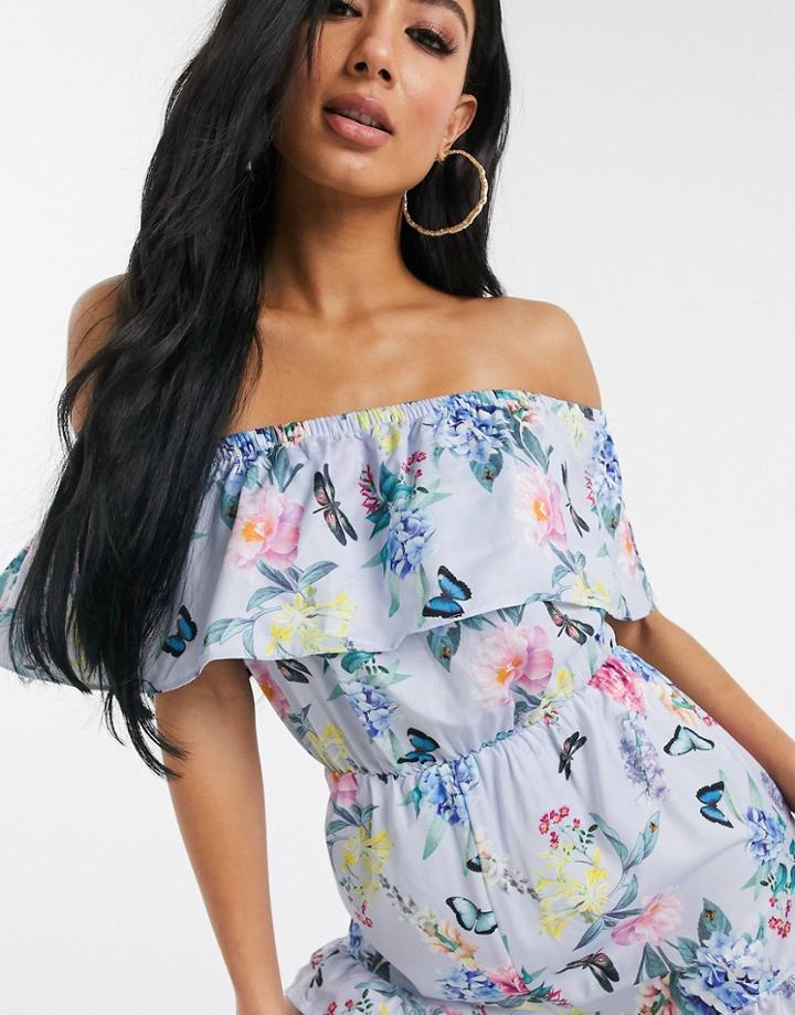 Lipsy Bardot Floral Romper In Blue-blues