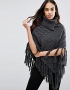 Lipsy Cable Knit Poncho With Tassel Detail - Gray