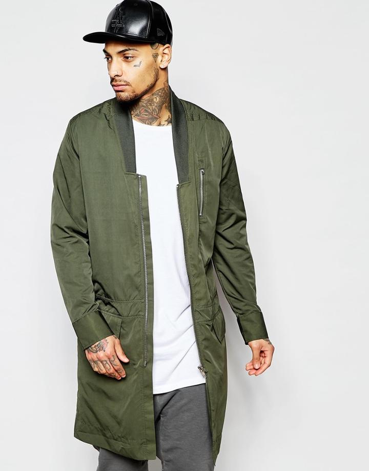 Asos Bomber Jacket In Extreme Longline With Drop Collar In Khaki - Khaki