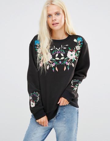 Daisy Street Sweatshirt With Floral Embroidery - Black