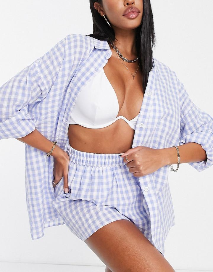 Asos Design Gingham Check Beach Shirt In Blue - Part Of A Set