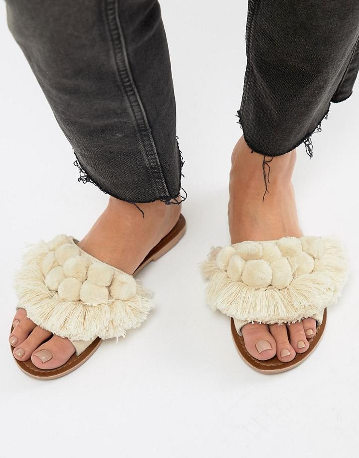 Boohoo Pom And Tassel Trim Flat Sandals - White