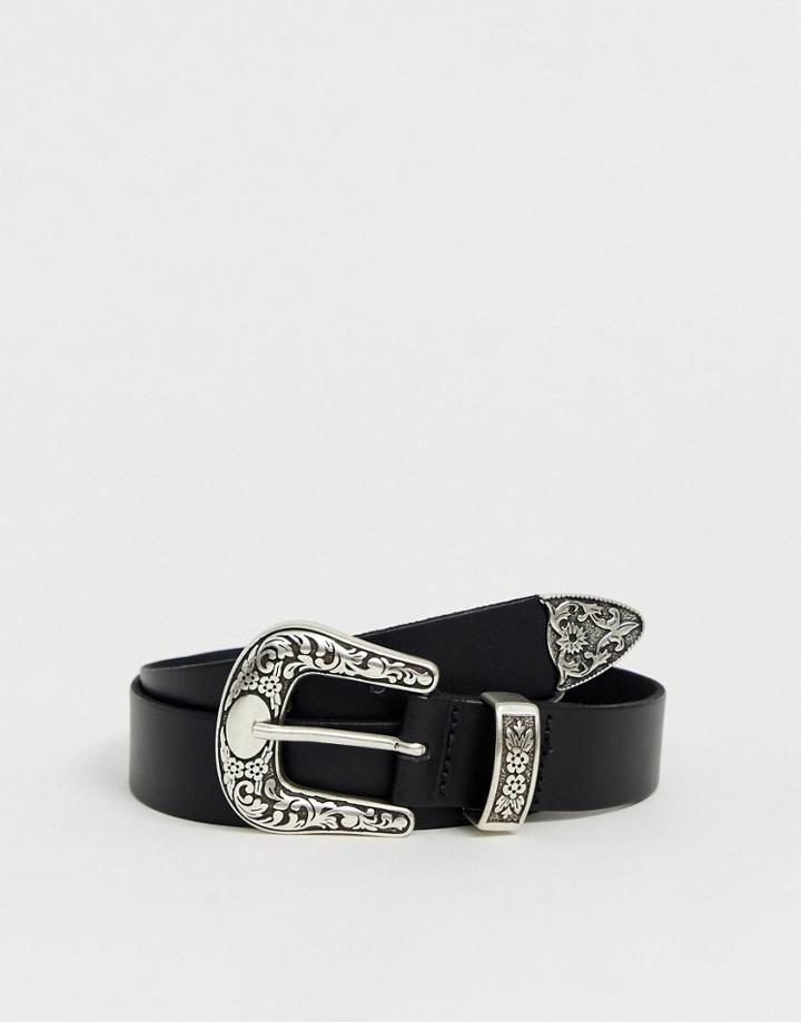Asos Design Leather Western Tip Waist And Hip Jeans Belt-black