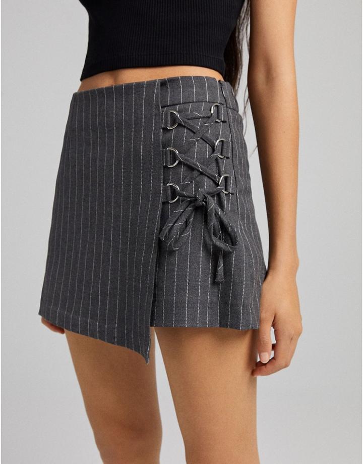 Bershka Ring Detail Pinstripe Mini Skirt In Gray-grey