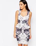 Vesper Katy Peplum Midi Dress In Floral Print - Gray Print