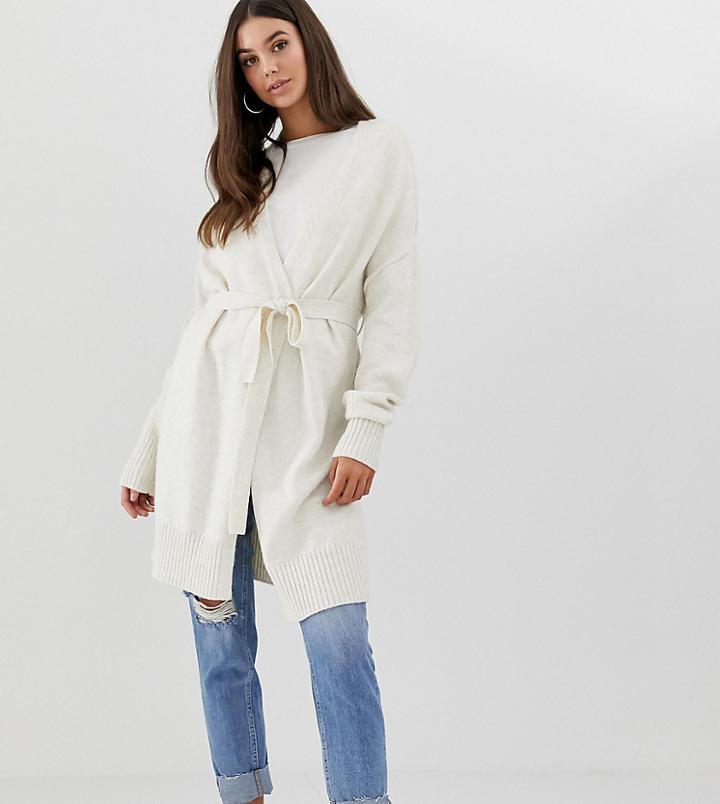 Asos Design Tall Long Cardigan With Belt Detail - Stone