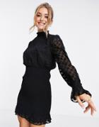 Miss Selfridge Shirred Spot Mini Dress In Black