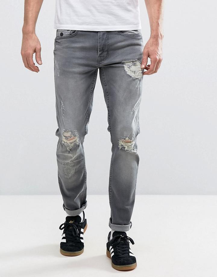 Threadbare Riley Skinny Fit Ripped Gray Jeans - Gray