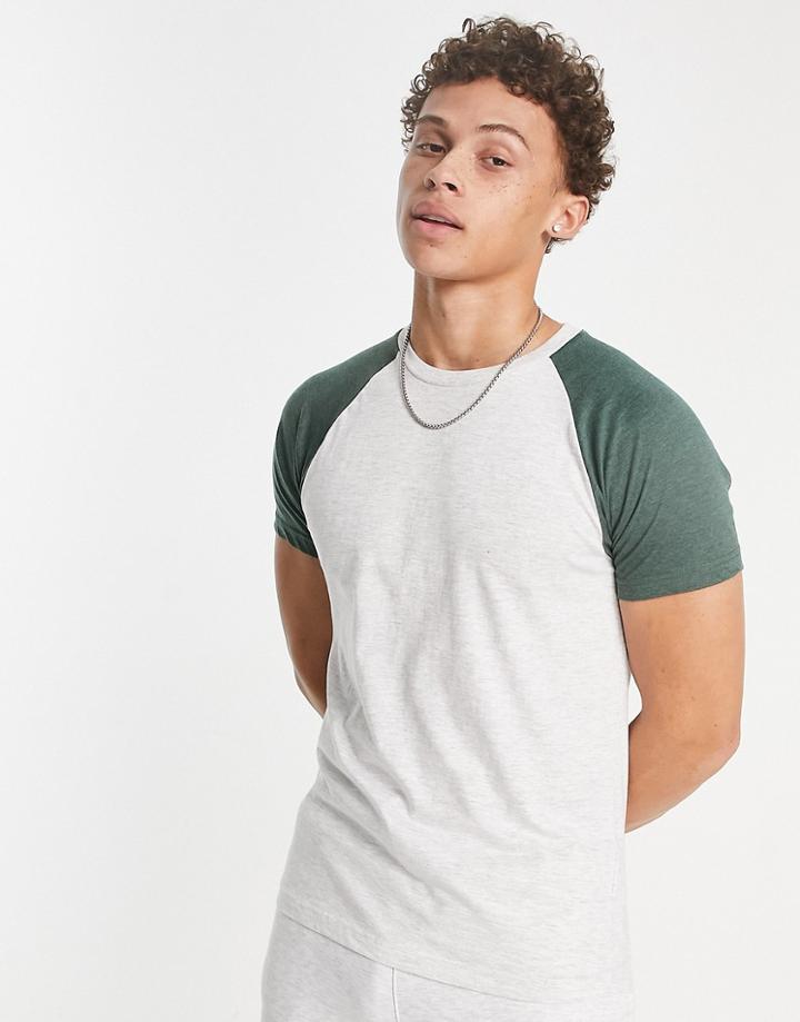 Brave Soul Raglan T-shirt In Ecru Heather & Bottle Green-white