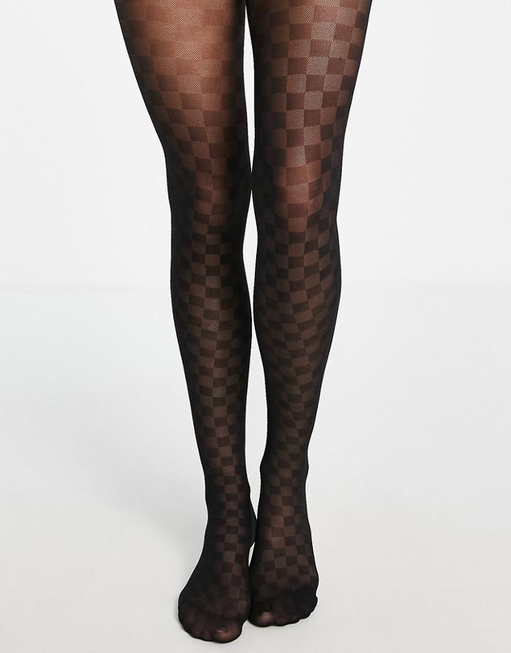 Monki 40 Denier Checkerboard Tights In Black
