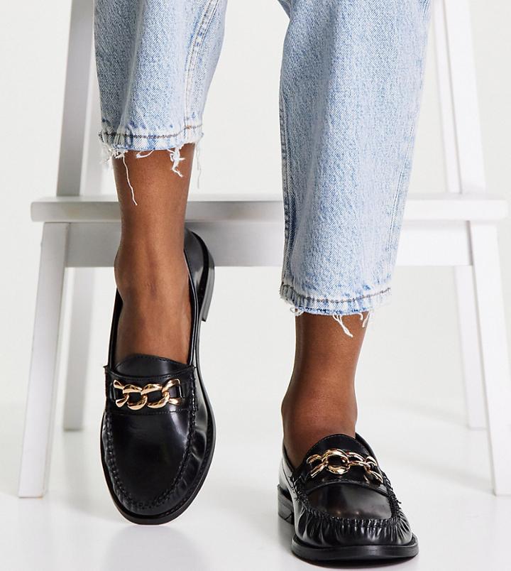 Asos Design Wide Fit Method Leather Loafers With Chain In Black