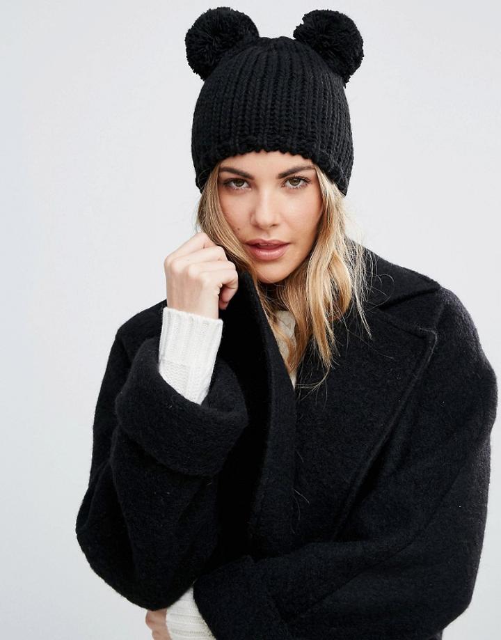 Helene Berman Double Pom Pom Knitted Beanie Hat - Black