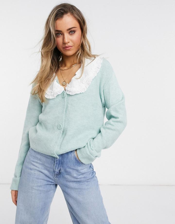 Asos Design Boxy Cardigan Detachable Woven Collar In Sage-green