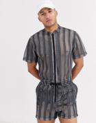 Asos Design Short Boilersuit In Sheer Mesh Stripe