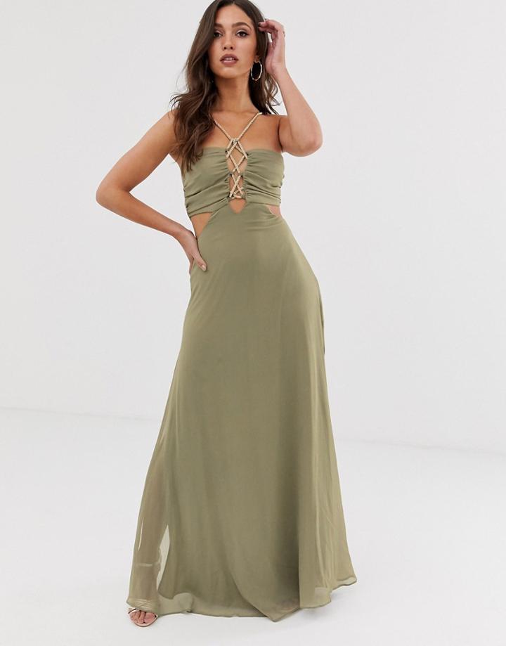 Asos Design Maxi Dress In Crinkle Chiffon With Rope Trim Bodice Detail-beige
