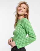 Asos Design Crew Neck Sweater In Green Mini Check