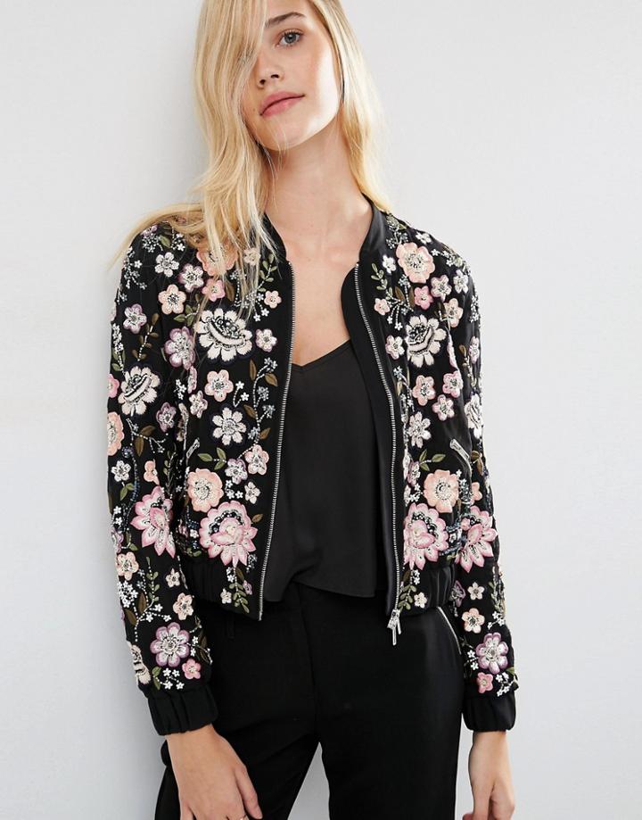 Needle & Thread Embroidery Lace Bomber Jacket - Black