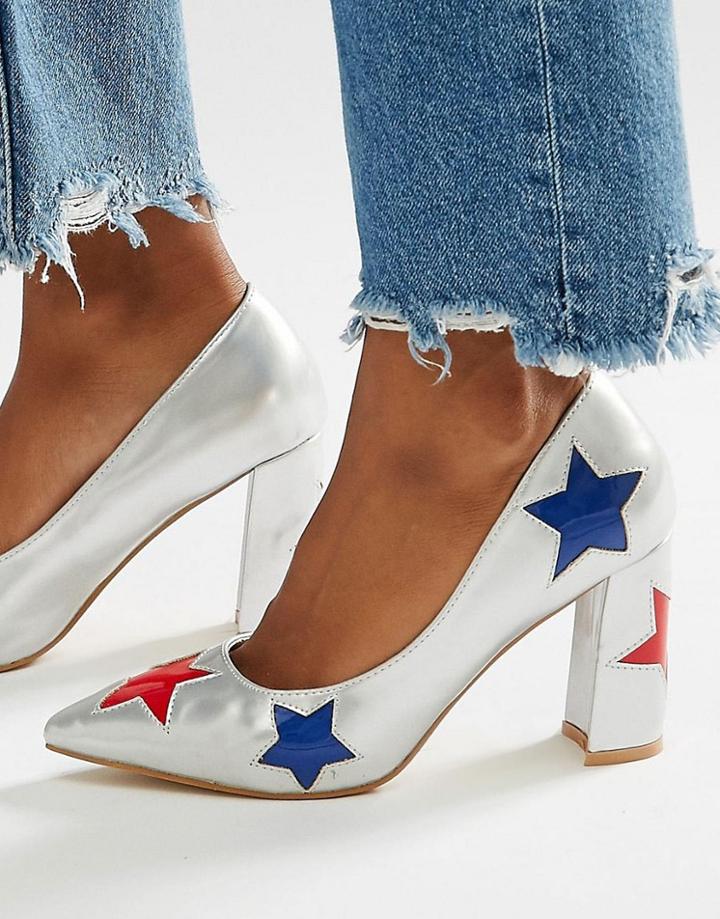 Daisy Street Star Heeled Shoes - Silver With Red And