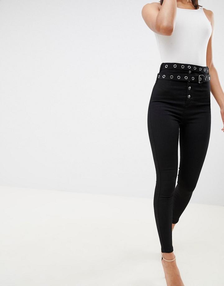 Asos Design Ridley High Waist Skinny Jeans In Black With Double Belt Detail - Black