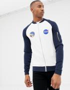 Asos Design Jersey Bomber Jacket With Nasa Badging And Contrast Sleeves-white