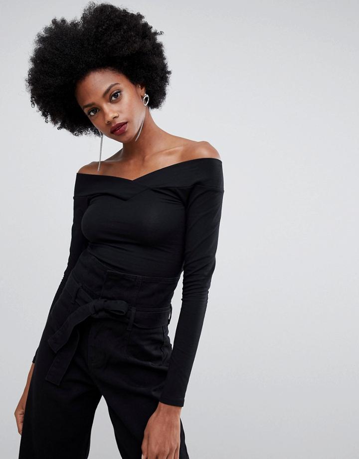 Miss Selfridge Cross Over Bardot Top - Black