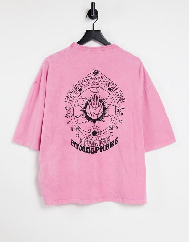 Asos Design Oversized Heavyweight Back Mystic Print T-shirt In Pink Acid Wash