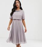 Asos Design Petite Midi Dress With 3d Embellished Neckline - Gray