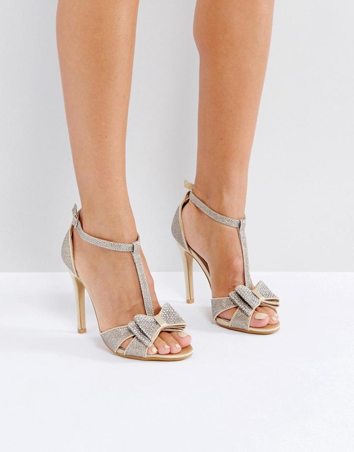 True Decadence Gold Glitter Bow Heeled Sandals - Gold