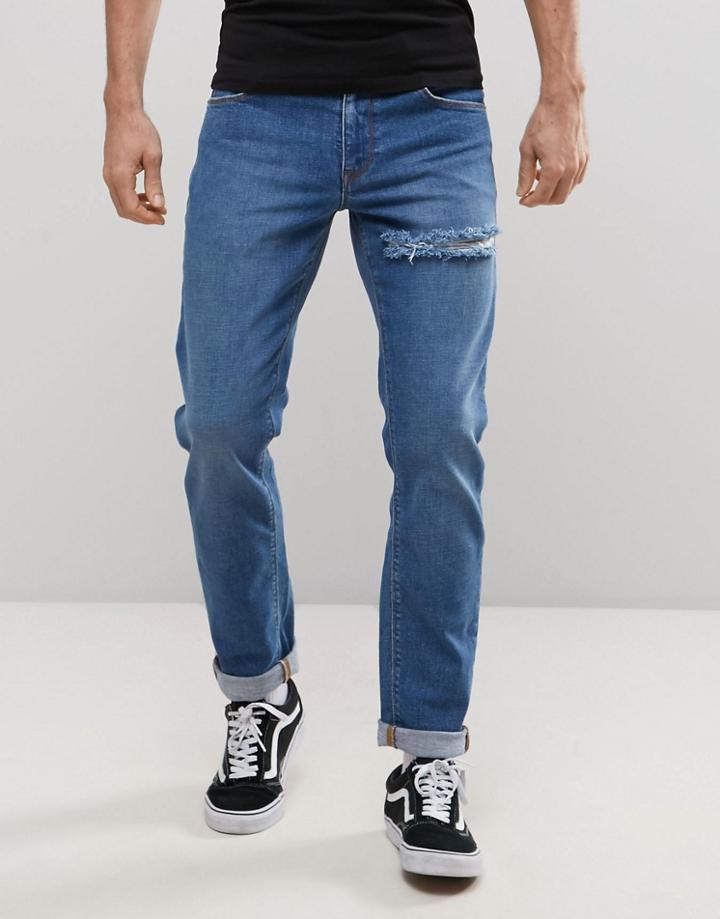 Asos Stretch Slim Jeans With Thigh Rip Mid Blue - Blue