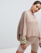 Prettylittlething Color Block Balloon Sleeve Sweater In Nude - Stone