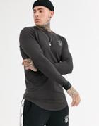 Siksilk Muscle Fit Long Sleeve T-shirt With Logo In Charcoal-gray